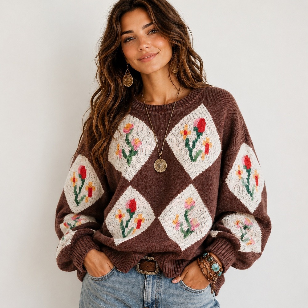 Zaful Brown Argyle Floral Embroidered Knit Sweater Womens Small‎ NWT Cottagecore